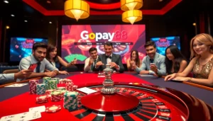 Engage with Gopay88's vibrant casino atmosphere featuring poker chips and roulette.