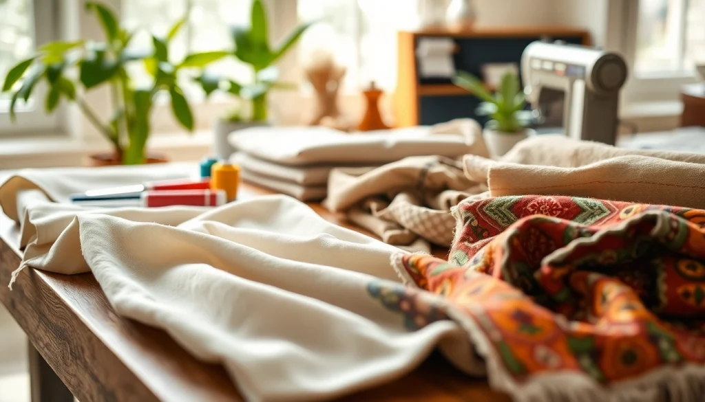 Duurzame stoffen assortiment met kleurrijke textielen en naaigerei op een houten tafel.