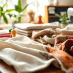 Duurzame stoffen assortiment met kleurrijke textielen en naaigerei op een houten tafel.
