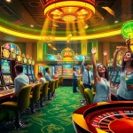 Excited players enjoy idnslot games among colorful slot machines in a vibrant casino atmosphere.