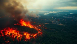 Visual depiction of Wildfire events devastating a forest landscape, highlighting the intense flames and smoke.