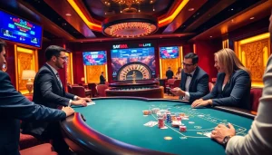 Immersive casino scene at say88 com featuring poker tables, lively players, and a roulette wheel.