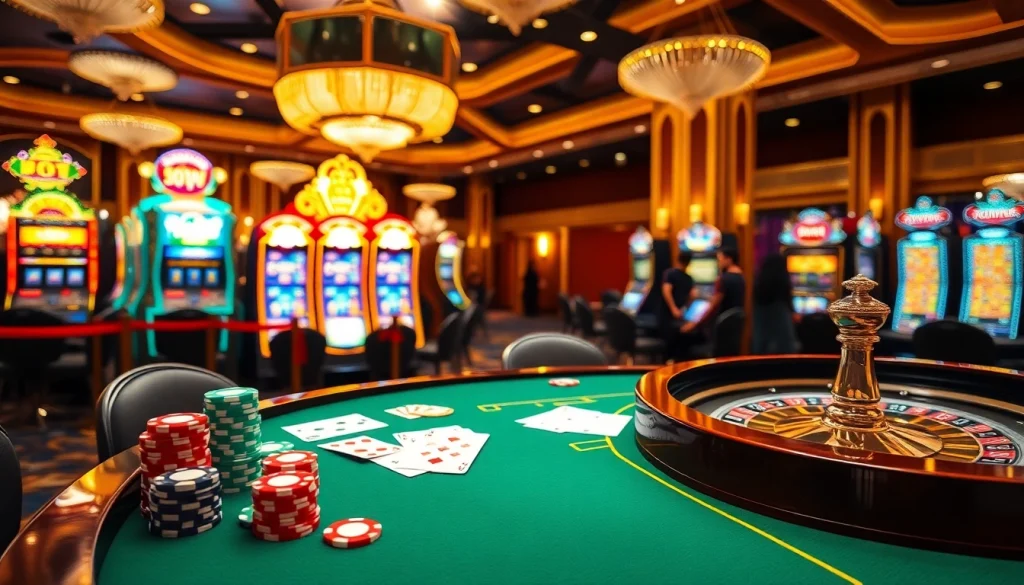 RR88 casino scene with vibrant gaming tables and excited players enjoying roulette.
