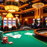 RR88 casino scene with vibrant gaming tables and excited players enjoying roulette.