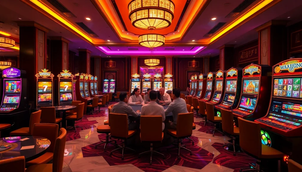 Play the thrilling mahjong slot demo in a luxurious casino environment with excited players.