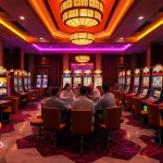 Play the thrilling mahjong slot demo in a luxurious casino environment with excited players.