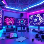 Futuristic workspace showcasing nsfw ai image generation technology and user interaction.