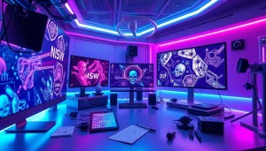 Futuristic workspace showcasing nsfw ai image generation technology and user interaction.