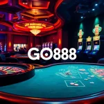 Players enjoy high-stakes gaming at GO88 casino with a roulette wheel and vibrant slot machines.