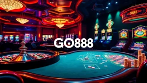 Players enjoy high-stakes gaming at GO88 casino with a roulette wheel and vibrant slot machines.