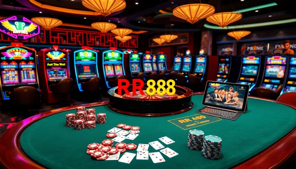 Experience the thrill of RR88 with an exciting casino atmosphere filled with poker chips and gaming tables.