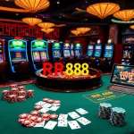 Experience the thrill of RR88 with an exciting casino atmosphere filled with poker chips and gaming tables.
