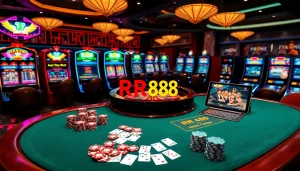 Experience the thrill of RR88 with an exciting casino atmosphere filled with poker chips and gaming tables.