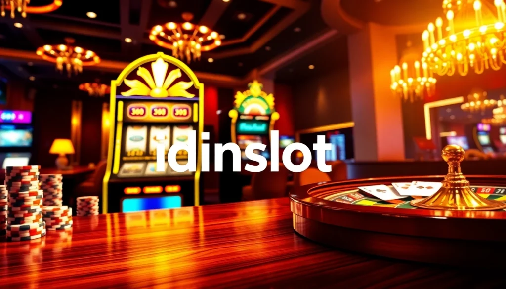Experience the excitement of idnslot with a vibrant casino scene featuring glowing slot machines and poker chips.