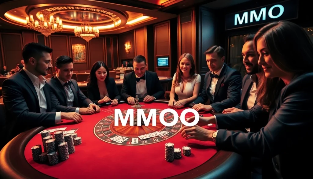 Experience the thrill of MMOO gaming at a vibrant casino table with players enjoying poker and roulette.