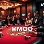 Experience the thrill of MMOO gaming at a vibrant casino table with players enjoying poker and roulette.