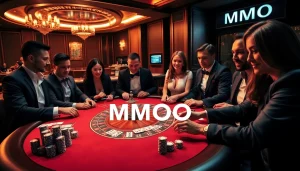 Experience the thrill of MMOO gaming at a vibrant casino table with players enjoying poker and roulette.