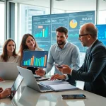 Visualizing competitive intelligence for sales with a dynamic team collaboration in a modern office.