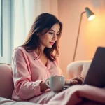 Reverse image search on OnlyFans depicted with a focused woman using a laptop in a cozy environment.