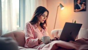 Reverse image search on OnlyFans depicted with a focused woman using a laptop in a cozy environment.