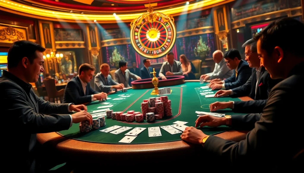 Engage with thrilling poker action at https://j88.gives/, showcasing vibrant chips and cards in a luxury casino.