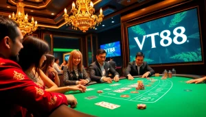 Players enjoying a thrilling game at the VT88 casino table with vibrant chips and dramatic lighting.