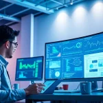 Web scrapping analysis in a modern workspace with data visualization screens.