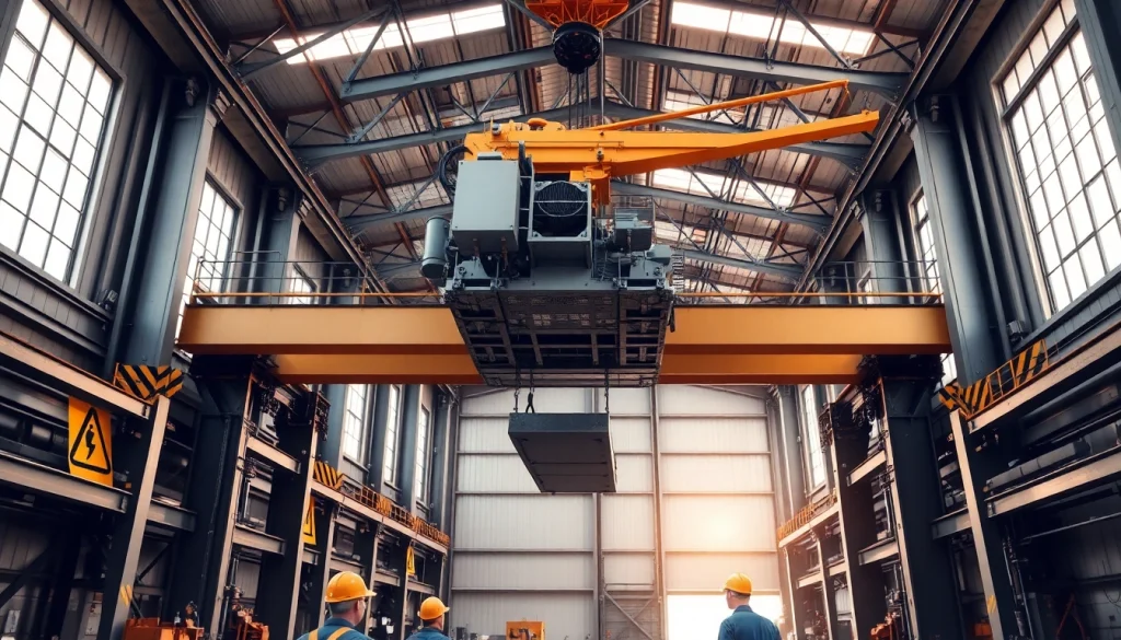 Bridge crane lifting heavy loads in an industrial setting, showcasing efficiency and teamwork.