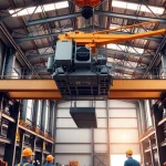 Bridge crane lifting heavy loads in an industrial setting, showcasing efficiency and teamwork.