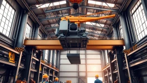 Bridge crane lifting heavy loads in an industrial setting, showcasing efficiency and teamwork.