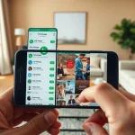 Experience FM WhatsApp features on a smartphone in a cozy living room setting.