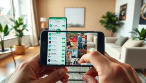 Experience FM WhatsApp features on a smartphone in a cozy living room setting.