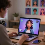 User enjoying an AI chat porn session with animated character on laptop, cozy home office environment
