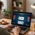 Player analyzing poker strategies on hidden wiki while enjoying a cozy home gaming experience