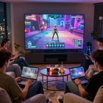 Engaged friends enjoying a real porn game in a cozy gaming lounge, vibrant atmosphere.