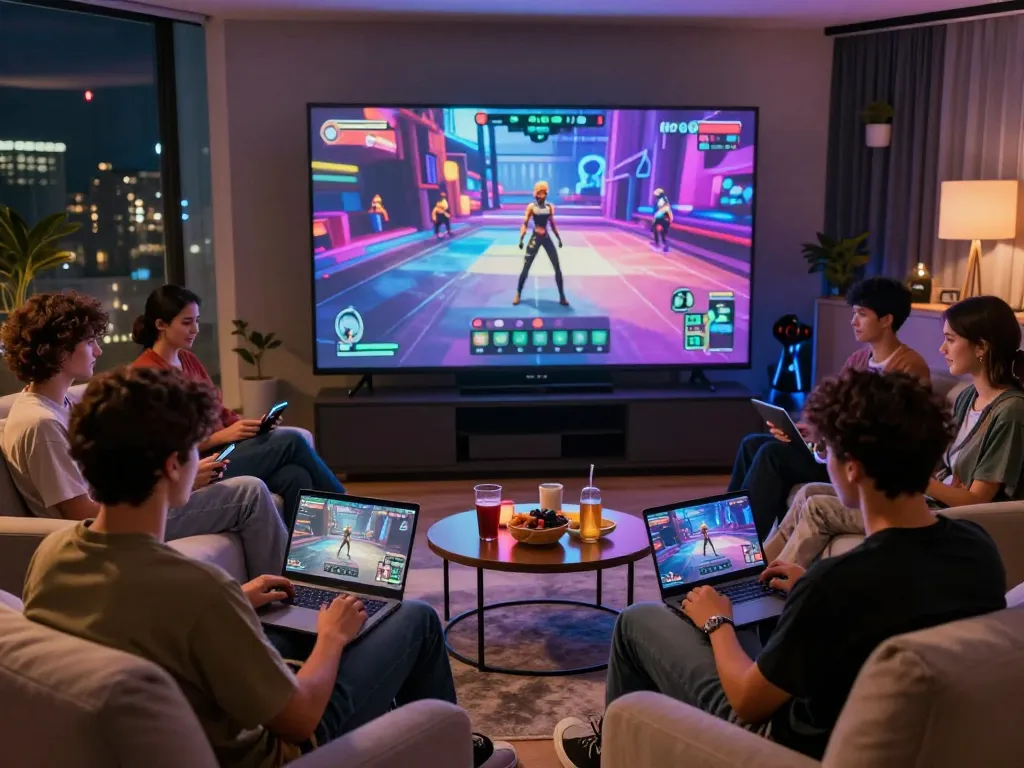 Engaged friends enjoying a real porn game in a cozy gaming lounge, vibrant atmosphere.