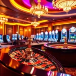 Environnement époustouflant de casino en ligne argent réel avec roulette, jetons de poker et machines à sous.