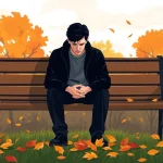 Illustration of a person reflecting on depression symptoms amidst autumn leaves.