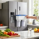Waterdrop MSWF Refrigerator Water Filter installation in a bright kitchen scene with fresh ingredients.