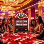 Engaged players celebrating wins at Slot Scatter Hitam in a glamorous casino setting.