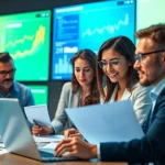 Engaged professionals analyzing b2b competitive intelligence data in a modern office setting.