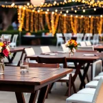 Explore quality Table & Chair Rentals showcased in a beautifully arranged outdoor event setting.