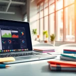 Showcase HubSpot free features on a laptop in an organized workspace for digital marketers.