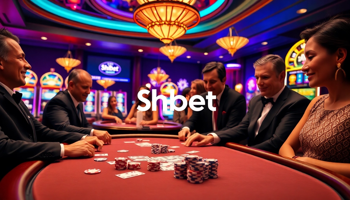 Engaging players enjoying poker at Shbet's luxurious casino, showcasing exciting gameplay.