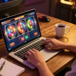 Engaging in online gaming with Link Slot Gacor displayed on laptop, showing an energized gaming atmosphere.