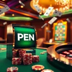 PEN4D slot machine in an elegant casino setting with poker chips and cards for thrilling gameplay.