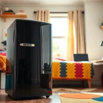 Stylish dorm room fridge in a vibrant student room, enhancing space and convenience.