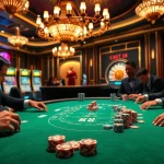 Des participants s'engagent dans un poker à enjeux élevés dans un luxueux casino en ligne Français 2026.