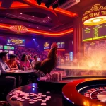 Xem đá gà trực tiếp hôm nay at a busy casino featuring live betting excitement and professional commentary.