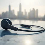 F1 Bone Conduction Headphones displayed elegantly on a marble surface against a city skyline.